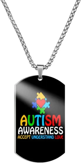 Stainless Steel Puzzle Piece Autism Autistic Pendant Necklace Jewelry Unisex Graphic Necklace Autism Dog Tag Pendant Necklace for Women Men Gift