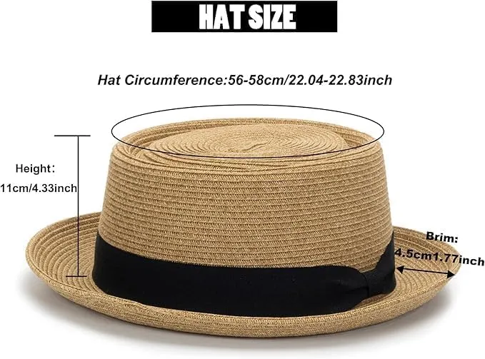 Summer Straw Pork Pie Hat for Men Women - Summer Sun Hats with Bowknot Strap(Size:S-M)