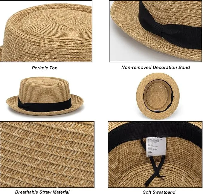 Summer Straw Pork Pie Hat for Men Women - Summer Sun Hats with Bowknot Strap(Size:S-M)