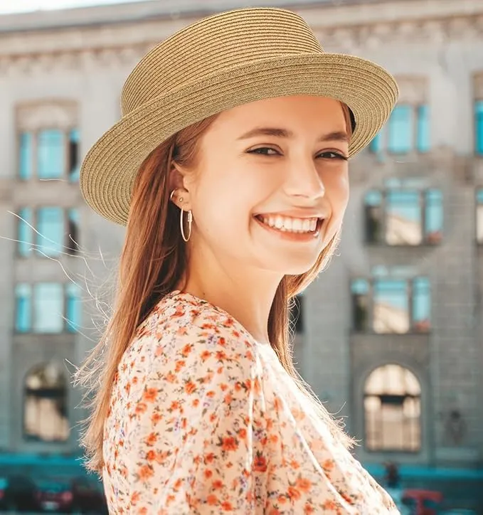 Summer Straw Pork Pie Hat for Men Women - Summer Sun Hats with Bowknot Strap(Size:S-M)