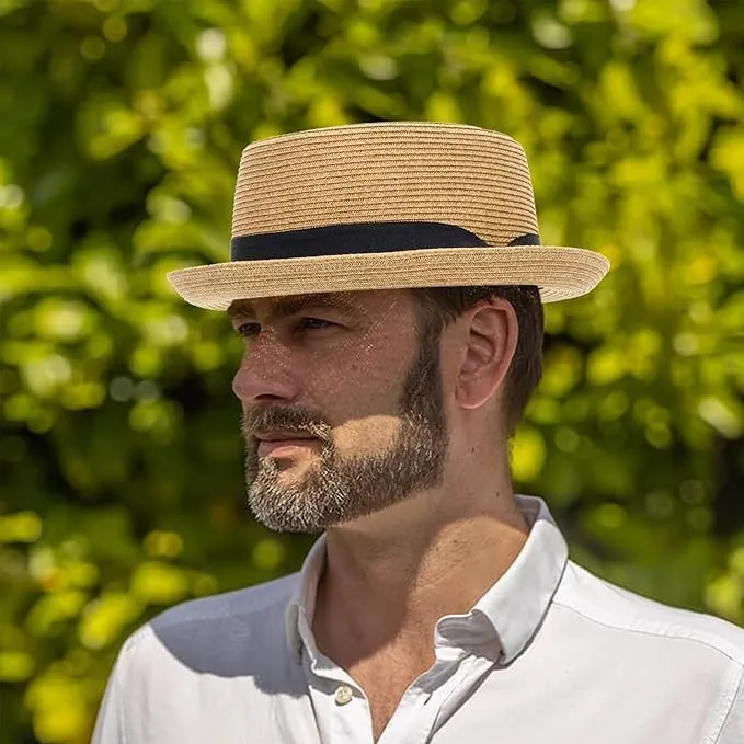 Summer Straw Pork Pie Hat for Men Women - Summer Sun Hats with Bowknot Strap(Size:S-M)