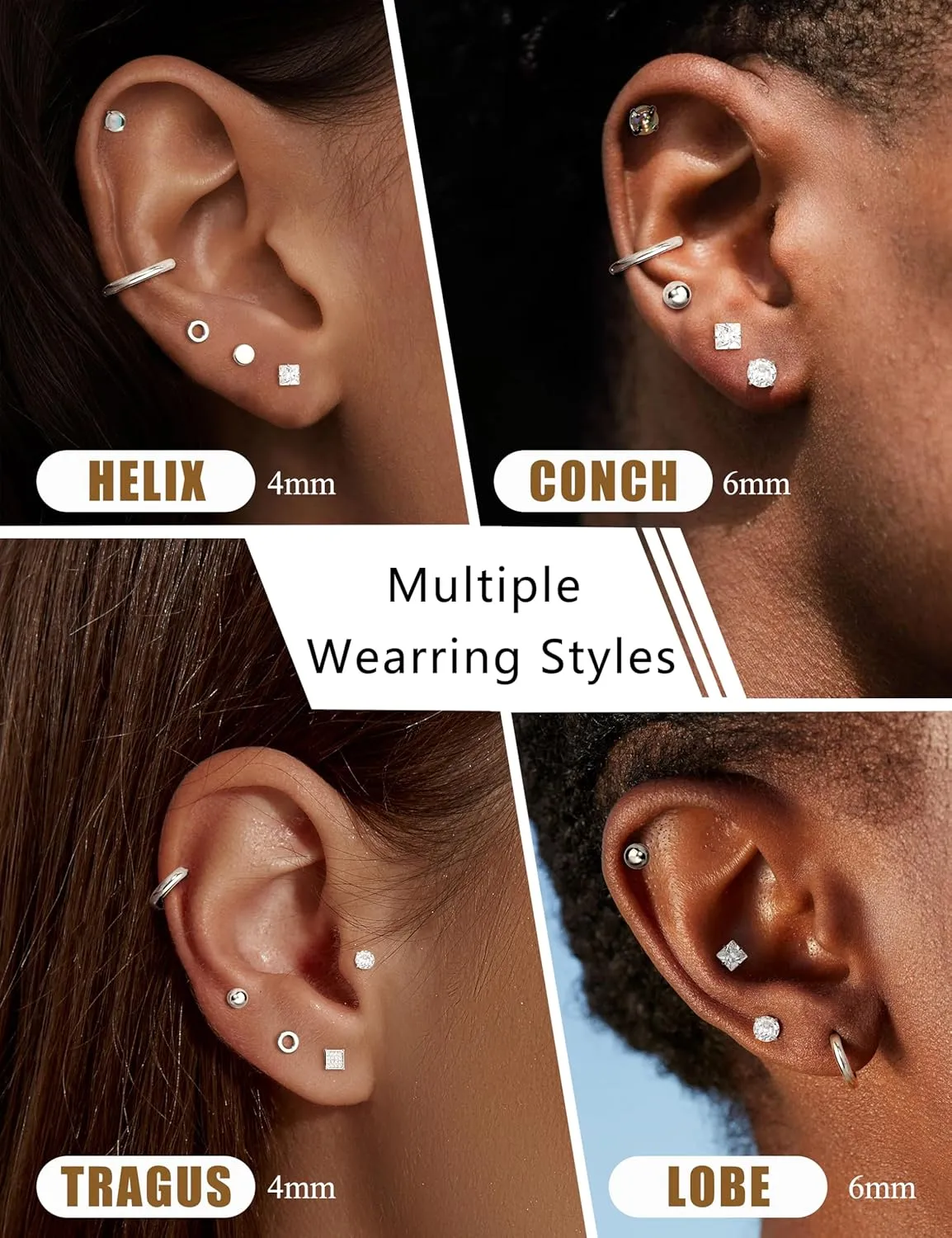 Surgical Steel Flat Back Earrings for Women Men - Hypoallergenic Silver Stud Hoop Sets Small Stainless Steel Cartilage Tragus Piercing Jewelry Gold Black 11 Pairs