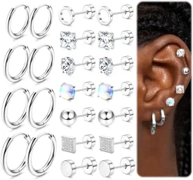 Surgical Steel Flat Back Earrings for Women Men - Hypoallergenic Silver Stud Hoop Sets Small Stainless Steel Cartilage Tragus Piercing Jewelry Gold Black 11 Pairs