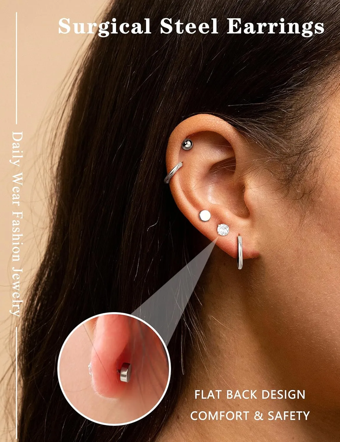 Surgical Steel Flat Back Earrings for Women Men - Hypoallergenic Silver Stud Hoop Sets Small Stainless Steel Cartilage Tragus Piercing Jewelry Gold Black 11 Pairs