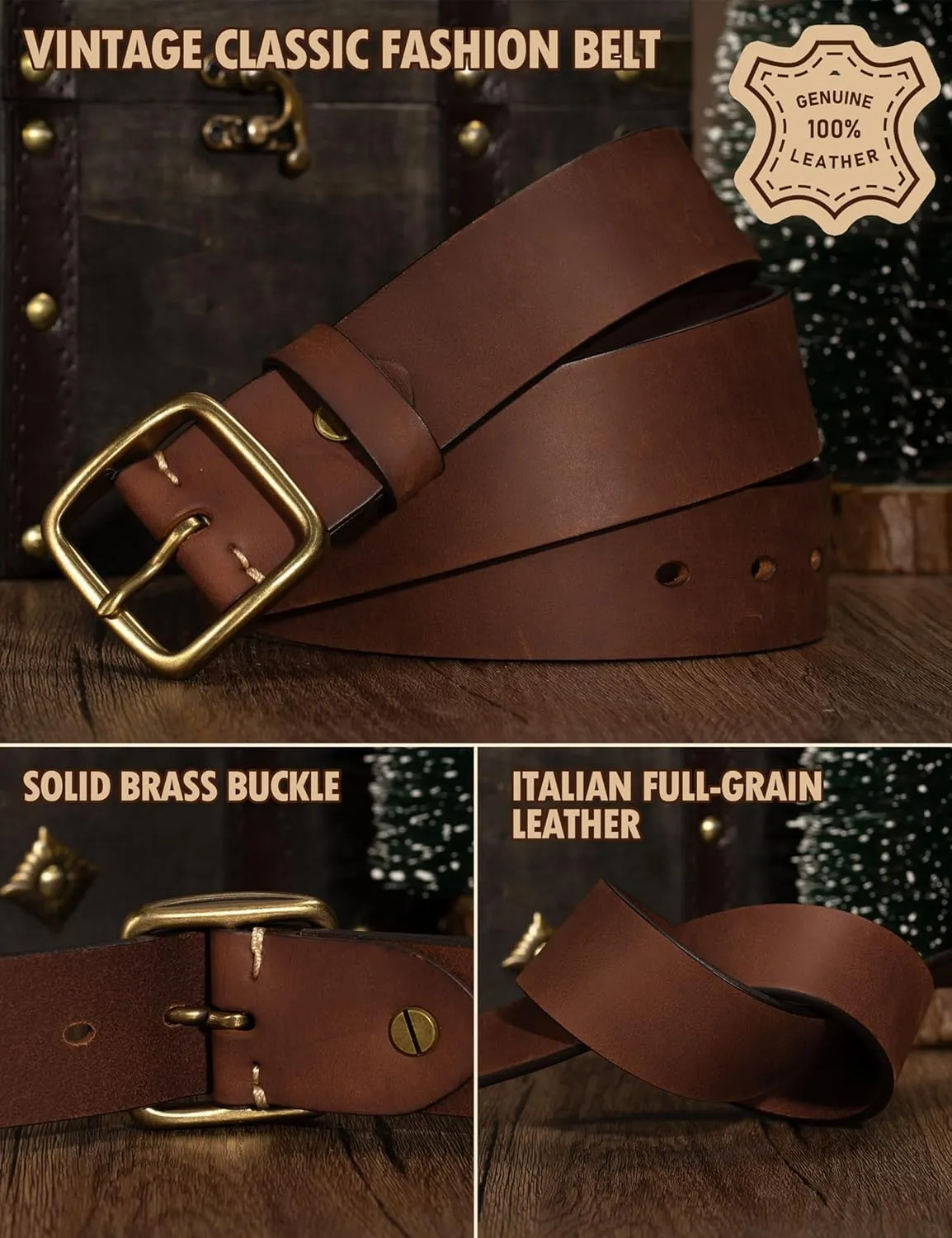 Thicken Full Grain Leather Mens Belt Heavy Duty Work Belt High Hardness Buckle Packed In Gift Box