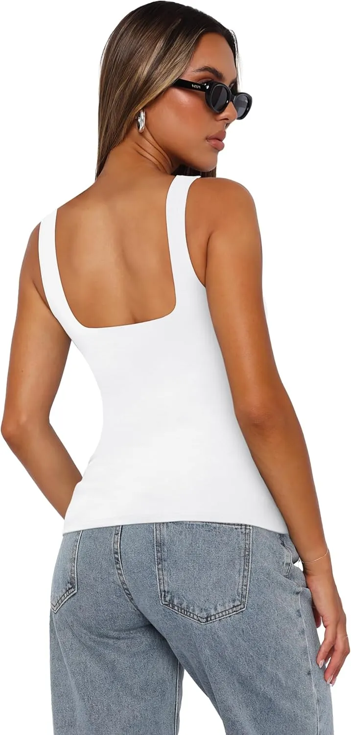 XIEERDUO Womens Square Neck Fitted Tank Tops Double Layer Seamless Slim Fit Shirts 2025 Basic Spring Summer