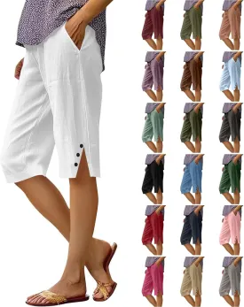 YRAETENM Linen Shorts for Women Casual High Waist Knee Length Bermuda Shorts Summer Lightweight Beach Pants with Side Buttons