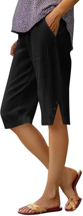 YRAETENM Linen Shorts for Women Casual High Waist Knee Length Bermuda Shorts Summer Lightweight Beach Pants with Side Buttons