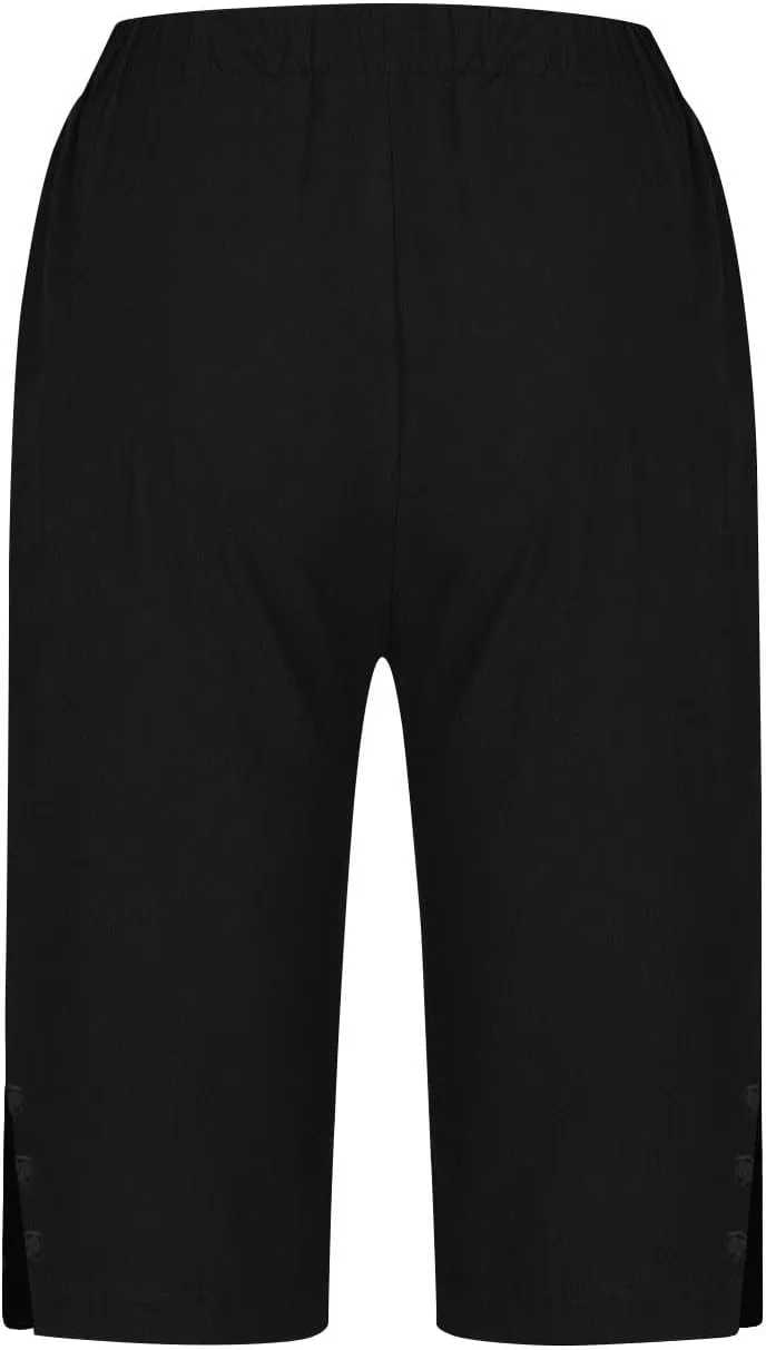YRAETENM Linen Shorts for Women Casual High Waist Knee Length Bermuda Shorts Summer Lightweight Beach Pants with Side Buttons