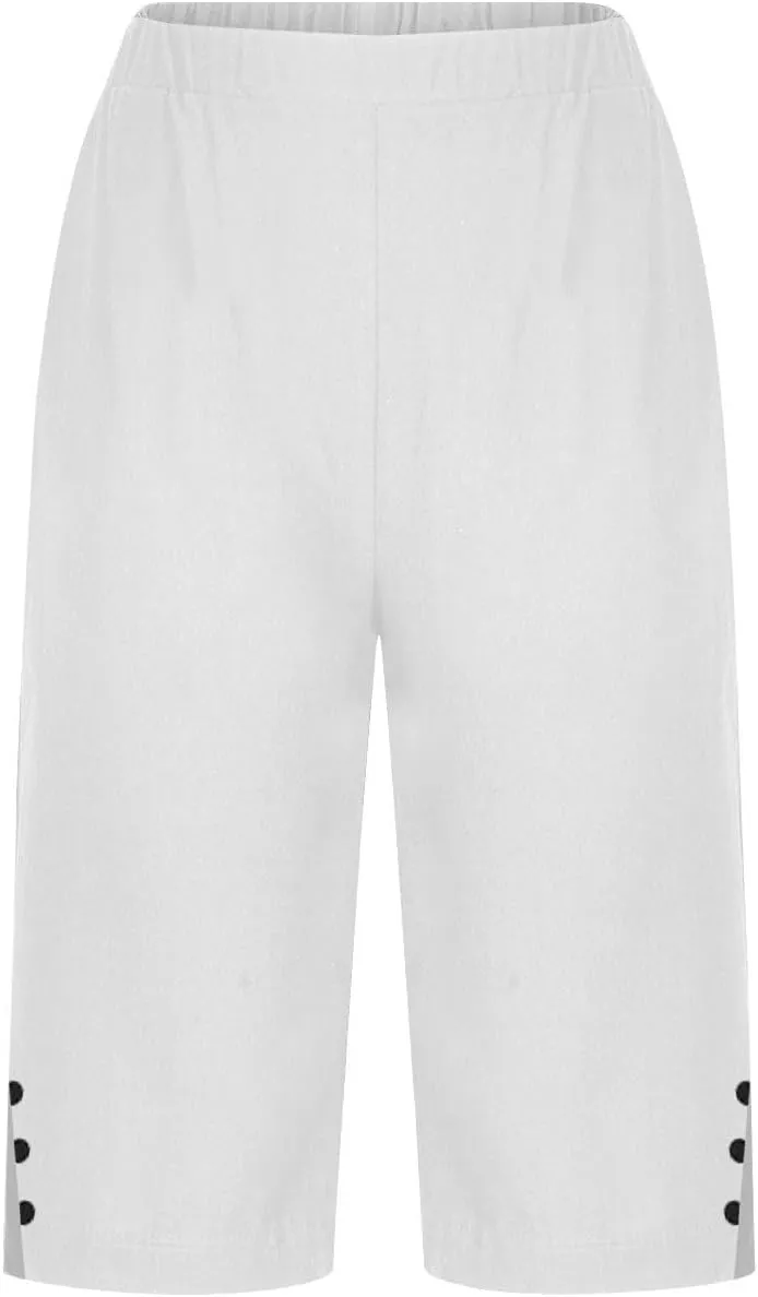 YRAETENM Linen Shorts for Women Casual High Waist Knee Length Bermuda Shorts Summer Lightweight Beach Pants with Side Buttons