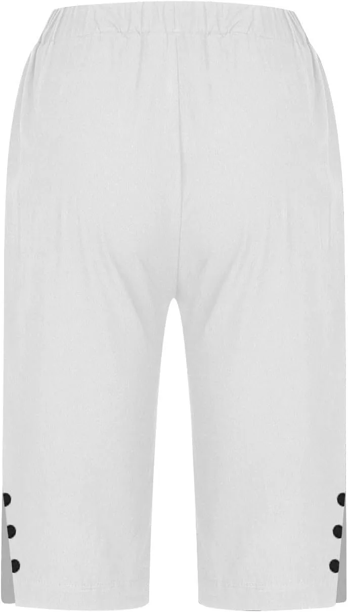 YRAETENM Linen Shorts for Women Casual High Waist Knee Length Bermuda Shorts Summer Lightweight Beach Pants with Side Buttons